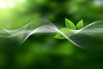 Green Leaves with Water Droplets and Dotted Wave on a Blurred Green Background