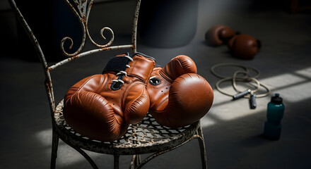 Boxing Gloves on Vintage Metal Chair with Gym Equipment and Weights in Background