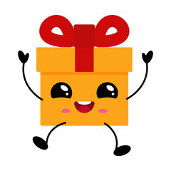 Kawaii gift box illustration with cheerful expression and playful arms for festive occasions