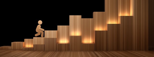 Pixelated Figure Climbing Wooden Staircase Against Black Background with Warm Light
