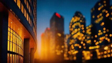 Cityscape at twilight: Glimpses of a modern city, where the structured allure of buildings meets the blurred embrace of the night, with warm, inviting lights that reveal the city's soul.