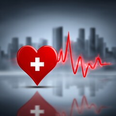 Red Heart with White Cross and Pulse Wave Against Blurred Skyline Reflection