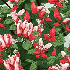 Seamless Botanical Pattern with Pink Flowers and Green Leaves on a Light Background