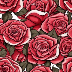 Seamless Rose Pattern With Red Blooming Flowers And Green Leaves On White Backdrop