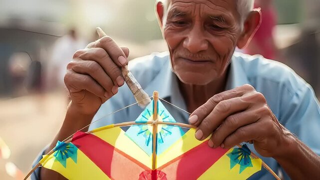 Elderly Man Crafting a Colorful Kite with Precision and Care.