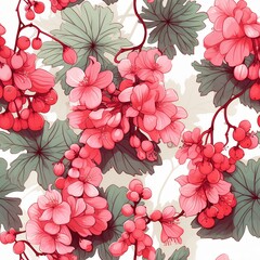 Seamless Pattern of Pink Flowers and Green Leaves on a White Background