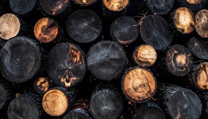 Stacked logs, dark and charred