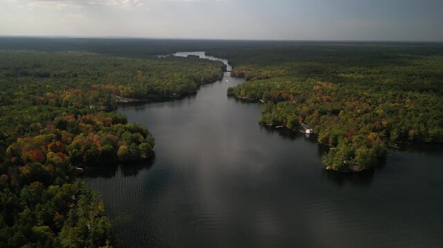 High aerial above Trent Severn Waterway in Ontario Canada in fall