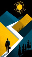 Silhouetted Business Man Walking Up a Winding Path Through Mountains Under a Bright Yellow Sun