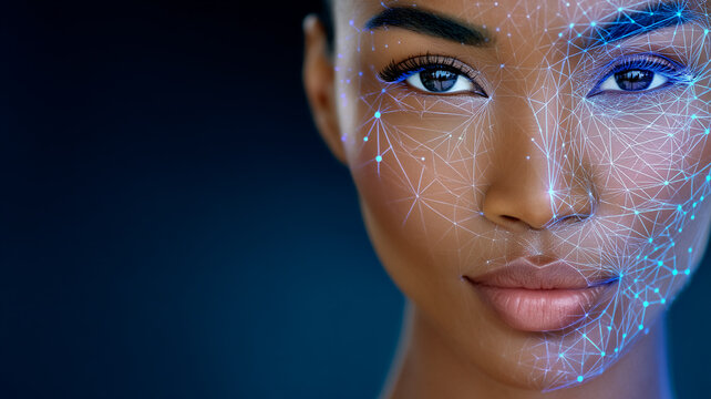 Close up of African American woman's face overlaid with glowing digital network points and lines
