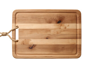 Rectangular wooden cutting board with rope handle and juice groove isolated on a transparent background