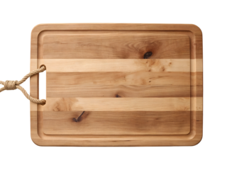 Rectangular wooden cutting board with rope handle and juice groove isolated on a transparent background