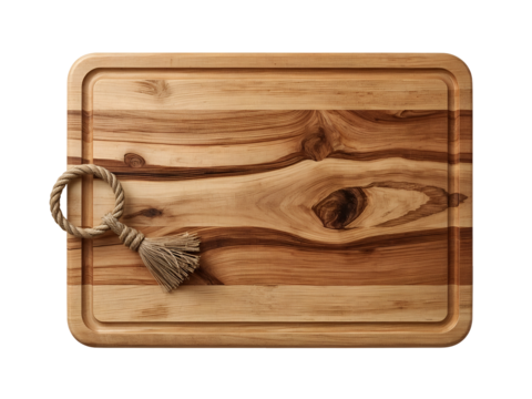 Rectangular wooden cutting board with rope handle and juice groove isolated on a transparent background 1