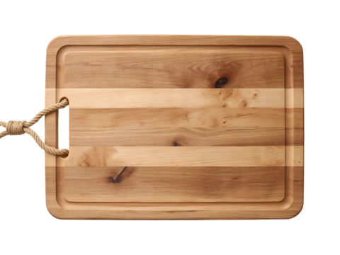 Rectangular wooden cutting board with rope handle and juice groove isolated on a transparent background