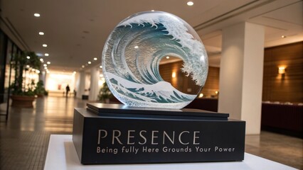 Crystal sculpture of a frozen ocean wave on an exhibition stand