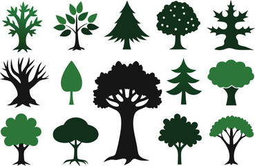Collection of detailed vector tree illustrations for nature graphics and designs