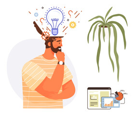 Man contemplating with light bulb above head signifying ideas, accompanied by plant, charts, and laptop screen. Ideal for innovation, ideation, creativity, sustainability, data analysis growth