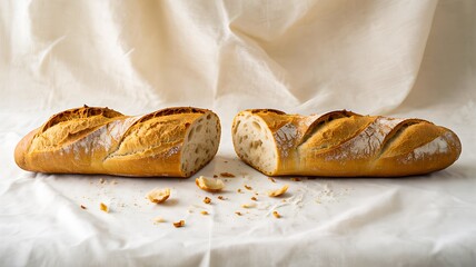 Freshly baked baguette bread cut in half on soft fabric background
