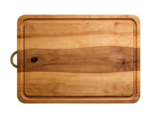 Rectangular wooden cutting board with rope handle isolated on a transparent background