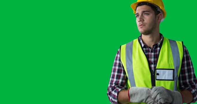 Caucasian male construction worker w earing gloves against transparent background