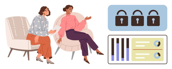 Two women seated and discussing data with charts and lock icons representing security. Ideal for teamwork, data protection, communication, security, analytics, collaboration, technology. Simple flat