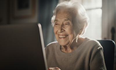 Joyful senior woman smiling while using a laptop indoors