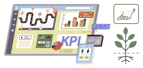 Dashboard displaying charts, KPI metrics, financial growth, mobile integration, strategic plan, signed agreement, and plant growth. Ideal for business, finance data strategy performance