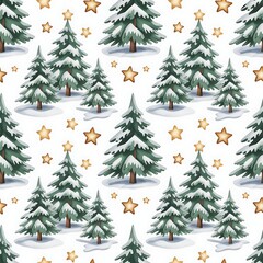 Obraz premium Whimsical watercolor seamless pattern of snow covered pine trees and golden stars on a white background