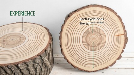 Detailed tree trunk cross section showing growth rings and wisdom message