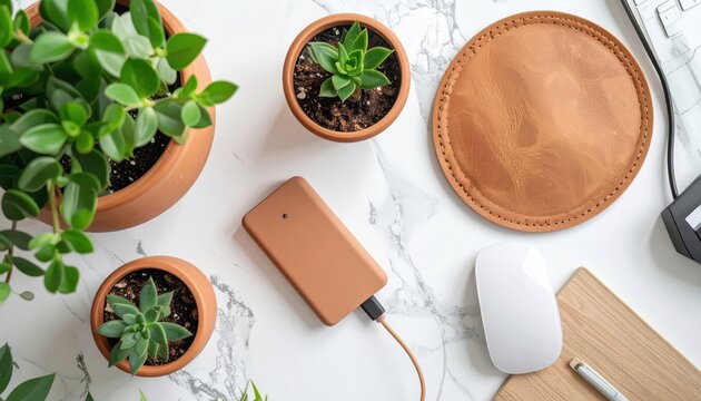 Overhead view showcases a collection of natural elements and modern technology on a marble-patterned surface, featuring potted greenery, a leather coaster, wireless mouse, and a charging device,...