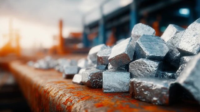 Raw Aluminum: The image showcases a pile of raw aluminum ingots, their metallic sheen contrasting with the aged industrial backdrop, evoking industry and materials.