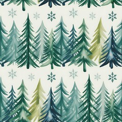 Obraz premium Whimsical watercolor forest of evergreen pine trees with delicate snowflakes seamless pattern
