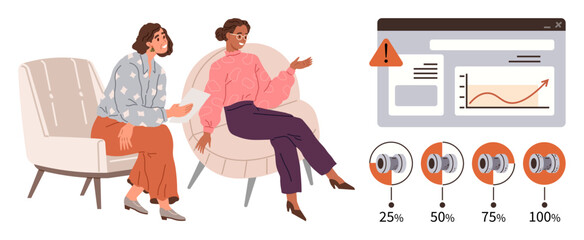 Two women seated and conversing, alert screen with graph and warning symbol, volume control levels at 25-100. Ideal for communication, troubleshooting, analysis, technology, teamwork, discussion