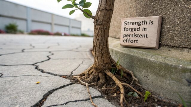 Tree root breaking through cracked concrete showing persistent effort