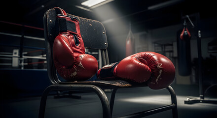 Red Boxing Gloves Resting on a Vintage Boxing Chair in Dark Gym