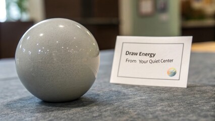 Detailed view of a smooth grey sphere with a quiet energy message