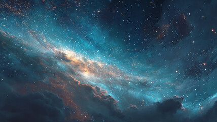 Fototapeta premium Brilliant teal and orange nebula cloud filled with countless bright stars visible above dark lower atmosphere clouds