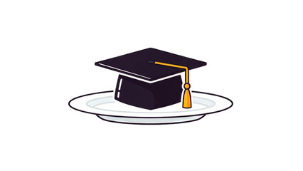 graduation cap with a golden tassel resting on a white dinner plate, symbolizing education and academic achievement.