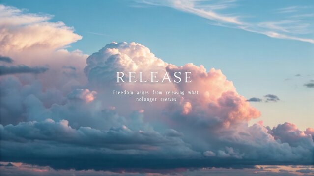 Motivational quote about release displayed on a beautiful cloudscape
