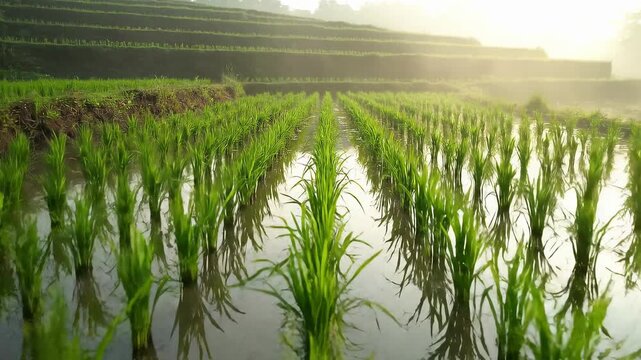 Freshly Planted Rice Seedlings in Water Paddy Field with Morning Mist and Sunlight in Background 4K