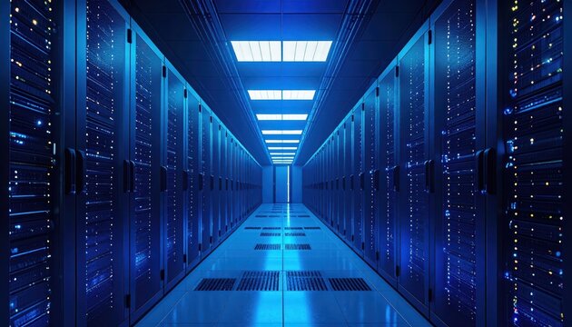 Vast data center corridor showcases rows of server racks illuminated by blue ambient lighting, suggesting cutting-edge technology and efficient data storage within a modern, advanced infrastructure.