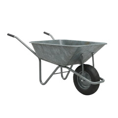 Empty galvanized metal wheelbarrow for construction, gardening, home renovation, and manual labor projects isolated PNG with Transparent Background