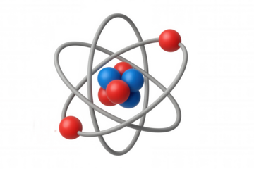Atom model showing electrons orbiting a nucleus with protons and neutrons, representing physics, science, and chemistry