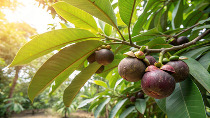 Mangosteen tree in garden, Mangosteens tree in natural warm sunlight view