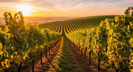 Obraz premium Picturesque vineyard at sunrise with rows of grapevines illuminated by the golden light, creating a serene and inviting scene for wine enthusiasts