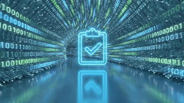 A digital concept shows a glowing clipboard icon with a checkmark, representing data validation and approval within a binary code tunnel.