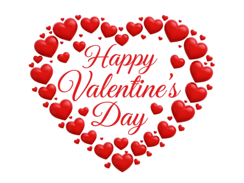 Red hearts forming a heart shape with text isolated on a transparent background love