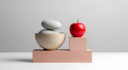 Minimalist Still Life - Apple, Stones, and Geometric Forms.
