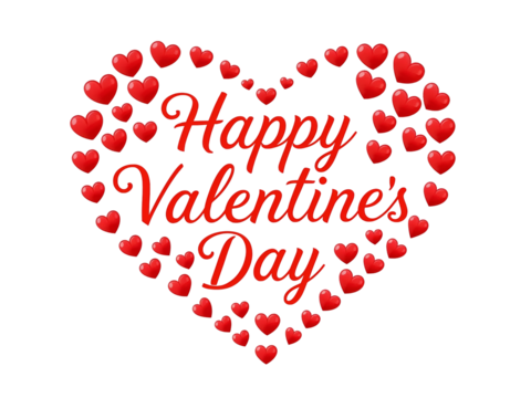 Red hearts forming a large heart shape with text isolated on a transparent background - Powered by Adobe