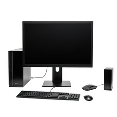 Fototapeta premium Desktop computer with monitor, keyboard, mouse, and towers on a plain background
